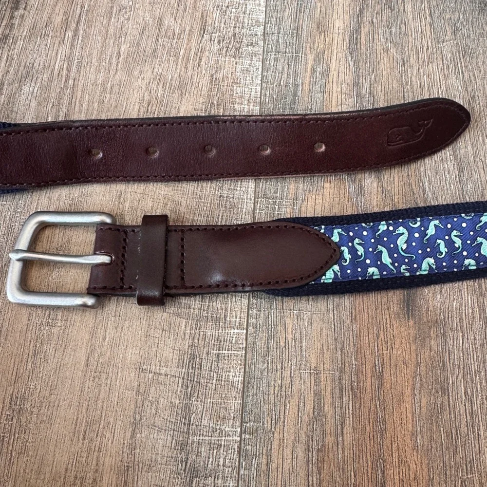 Vineyard Vines Mens 42 Seahorse Silk Canvas Leather Club Belt Navy Blue Preppy